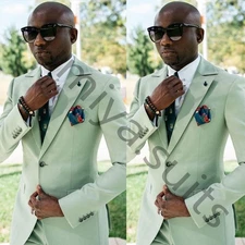 Mint Green Men's Suits Peak Lapel Wedding Groom Tuxedos Prom Coat Pant Slim Fit