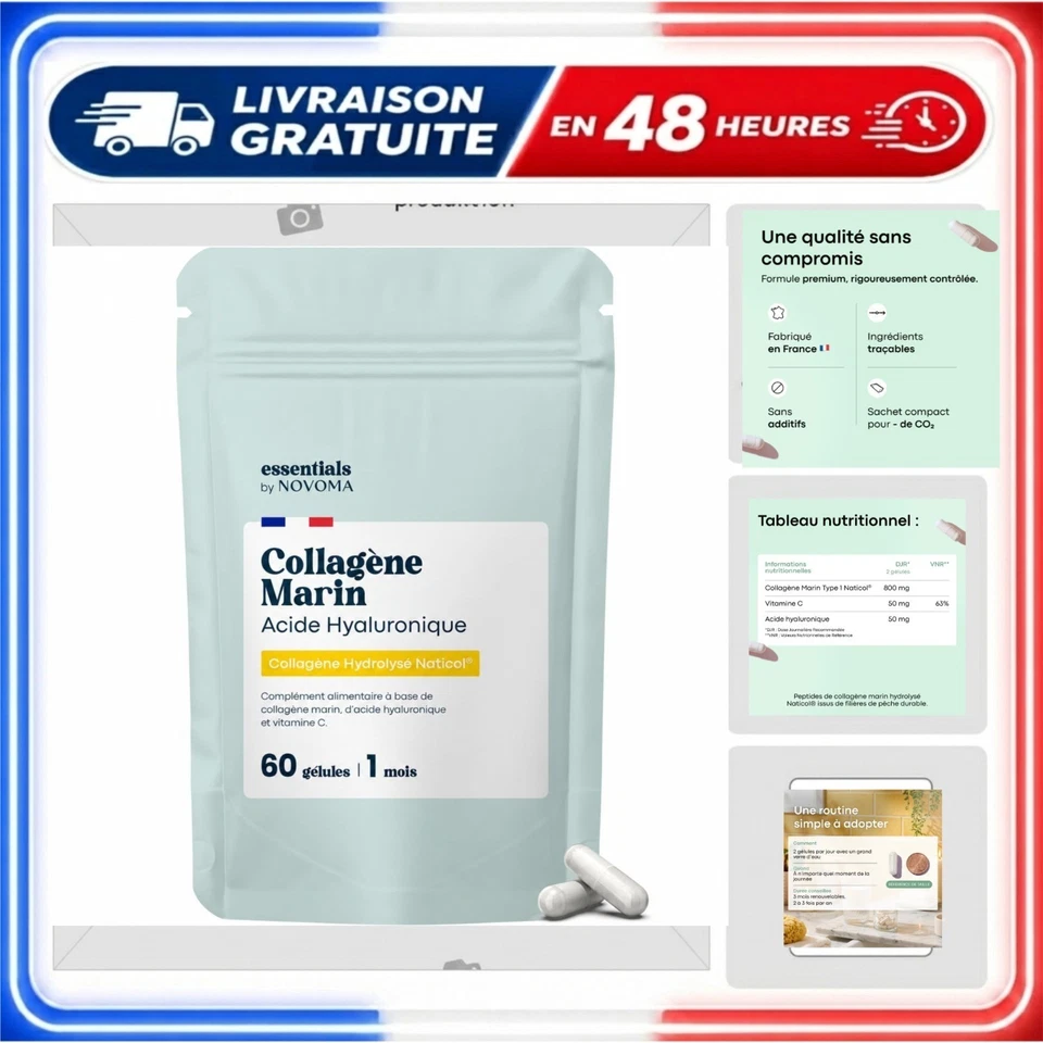 Collagène marin 60 gélules Acide hyaluronique Vitamine C NOVOMA - Photo 1/4