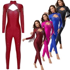 US Womens Rhinestone Figure Skating Jumpsuit Long Sleeve Tassel Full Body Ballet