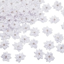 100 PCS 1.1 Inch White Satin Ribbon Flowers, Rhinestone Bows, Appliques, DIY