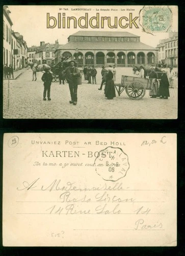 Landivisiau black postcard La Grande Place Les Halles 1905 to Paris (a2298)