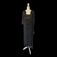 Alex Evenings Petite Black Floral Long Set Formal Gown Dress Jacket 14P AS IS 