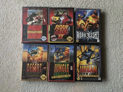 Road Rash 1-3 Sega Genesis Jungle Desert Urban Strike Games In Box Case Carts
