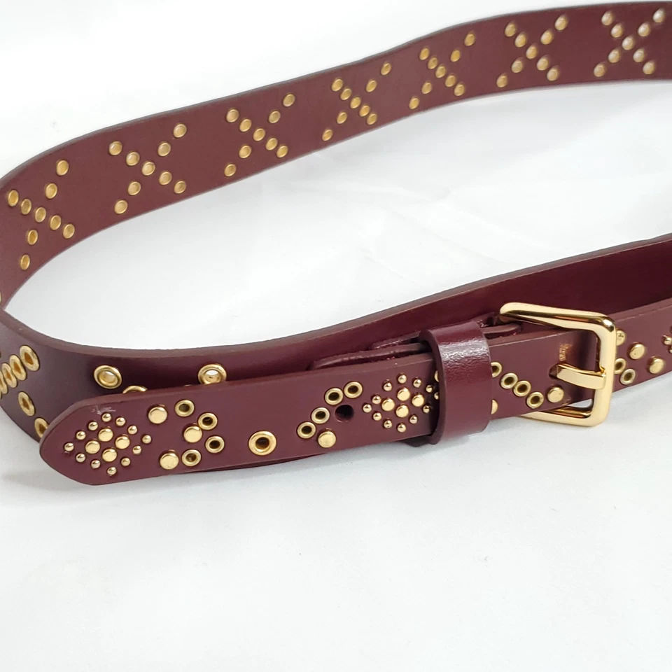 Cinturón de Cuero Rebecca Minkoff S Doble Hebilla Tachuelas Ojal Borgoña Rojo Dorado Foto 2 de 4