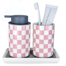 Pink Toothbrush Holder and Soap Dispenser Set, Ceramic Bathroom Accessory Set...
