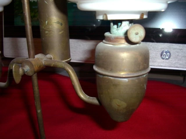 Rare Antique Vintage Brass Miniature Double Student Oil Lamp W/ Original Shades - Image 2 of 4