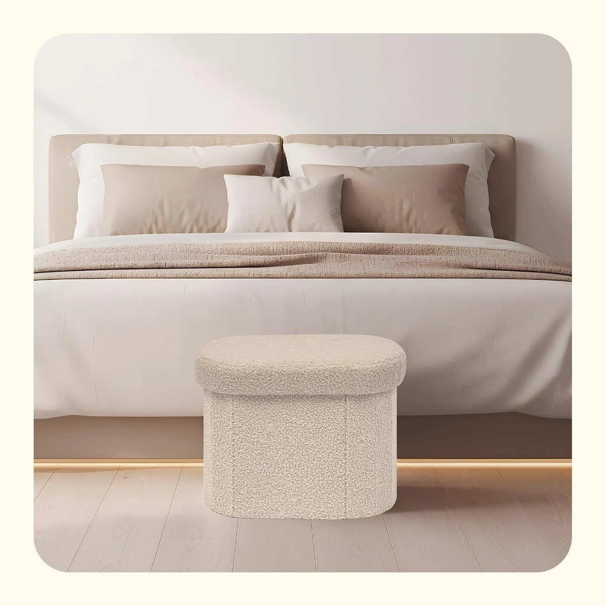 Folding Storage Ottoman Beige Boucle Oval Footstool with Hidden Storage