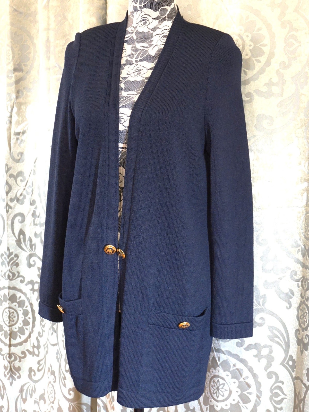 ST JOHN BASIC BLUE KNIT OPEN FRONT JACKET SZ M - image 3