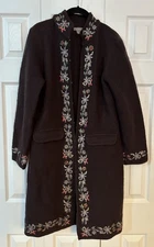 Kenar Womens Brown 100% Wool Embroidered Boho Coat Jacket Floral Size S