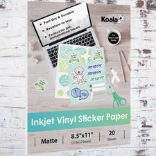 Koala Printable Vinyl Sticker Paper for Inkjet Printer Matte White Waterproof 20