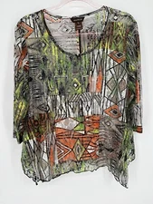 Multiples Blouse Sheer Green Black White Women’s Sz PL 3/4 Sleeve