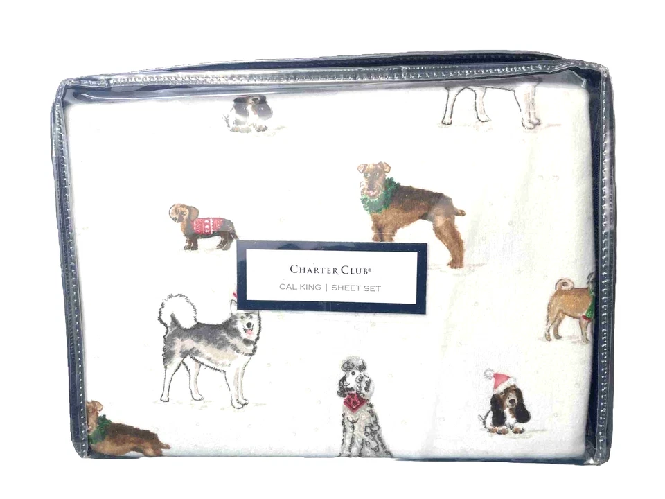 Juego de sábanas Charter Club 100 % algodón franela 4 piezas fiesta perros Cal-King $180 Foto 4 de 4