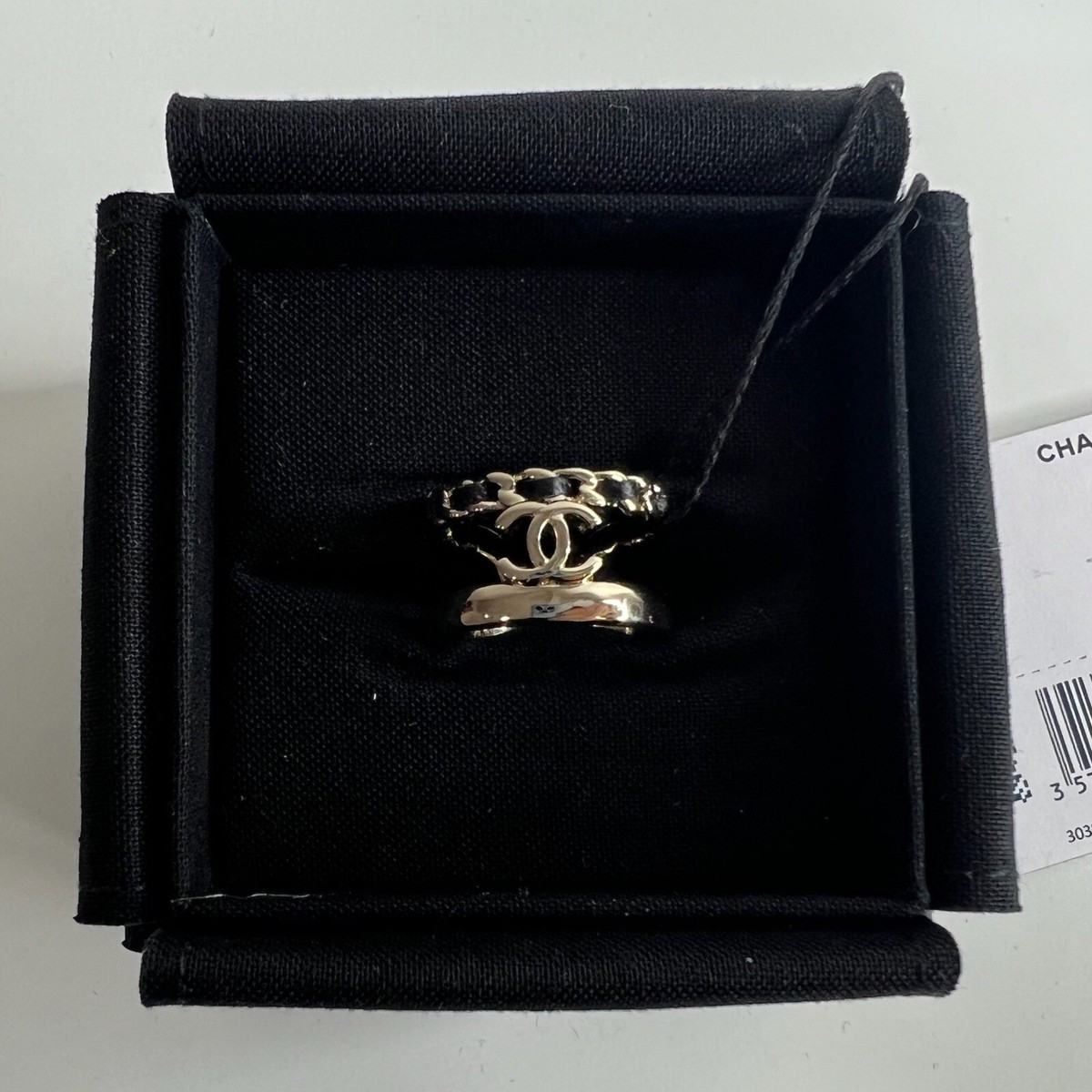 NWT 22P Chanel Metal Lambskin CC Logo Ring Gold Black Size NWT 22P Chanel Metal Lambskin CC Logo Ring Gold Black Size