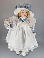 Seymour Mann Doll 1987 Blond Hair w/Blue Bress and Cap - 16" w/Stand