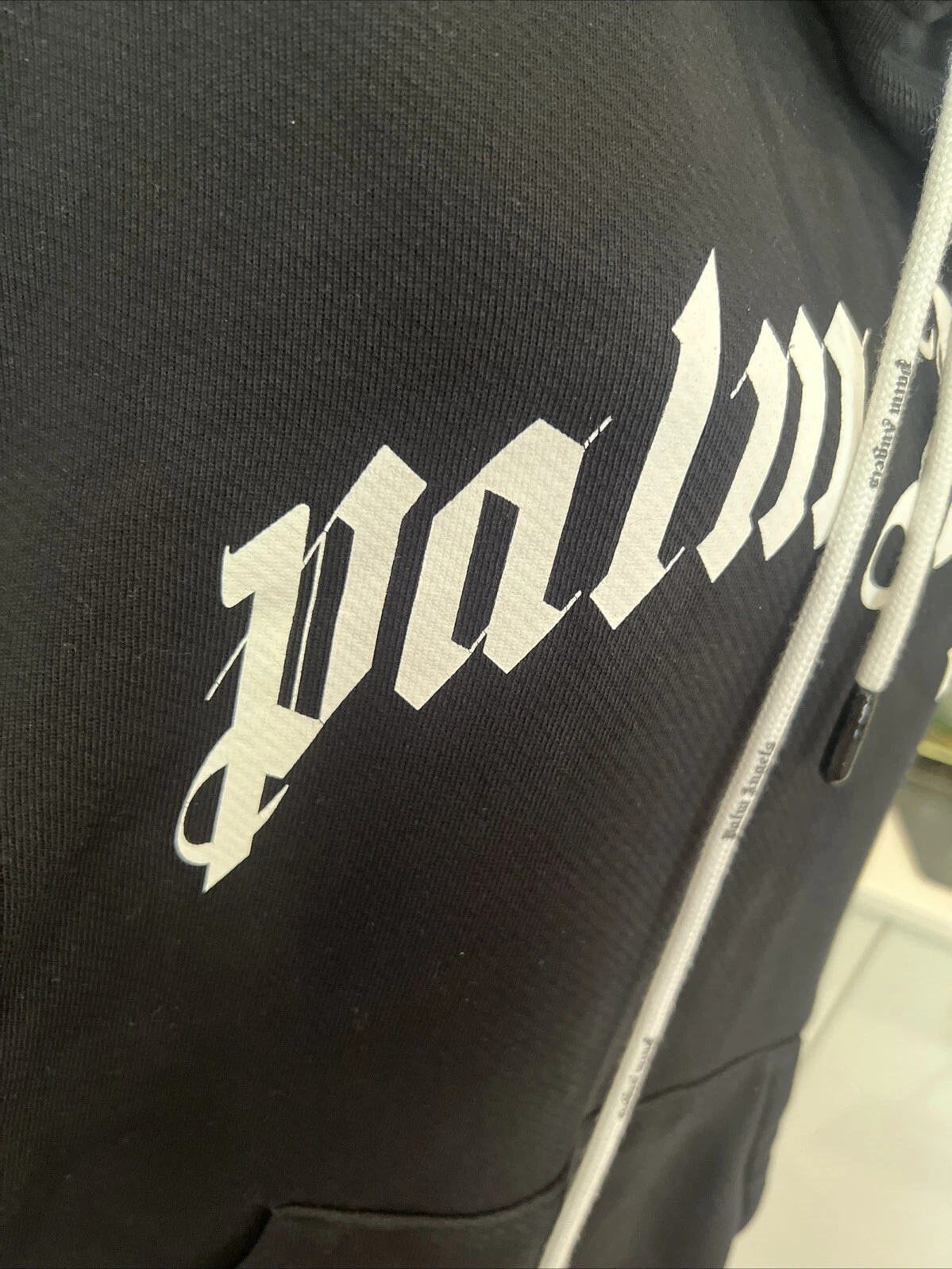 Felpa nera con cappuccio Palm Angels bianca logo coulisse nuova senza etichette taglia M oversize