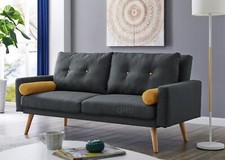 Fabric Sofa Bed 3 Seater Natural Wood Legs Charcoal With Matching Bolster