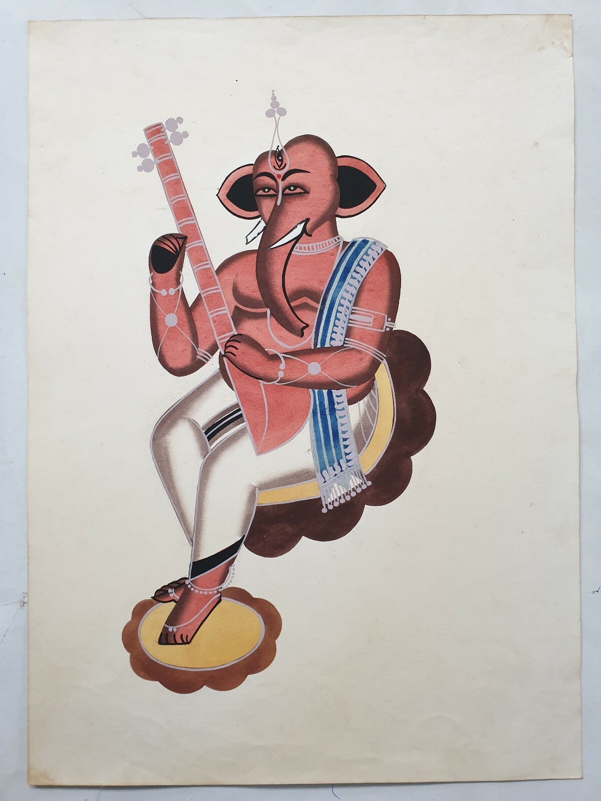 Bengal Kalighat Painting LORD GANESHA PLAYING SITAR 13in x 18in (8064)