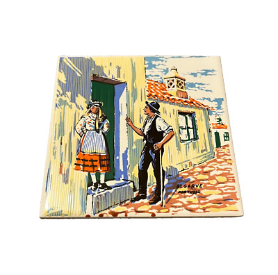 Vintage Algarve Portugal Ceramic Tile Folk Art Village Scene Handpainted