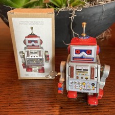 Robot Wind-up Mechanical Tin Litho Robot 4  Tall w Box  Key