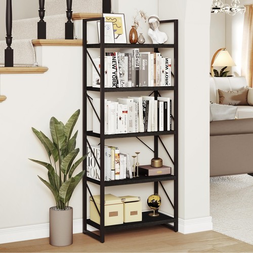 5 Tier Industrial Bookshelf Bookcase Plant Stand Storage Rack with Metal Frame - Picture 20 of 26