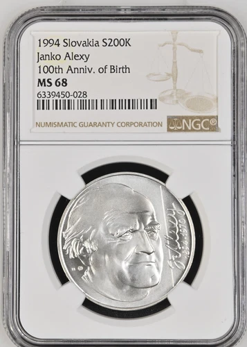 1994 SLOVAKIA SILVER 200 KORUN JANKO ALEXY 100TH ANNIV. BIRTH -NGC MS68 -TOP POP