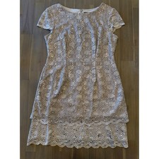 Alex Evenings Petite Sequin Floral Lace Tiered Sheath Dress Taupe Beige 14P