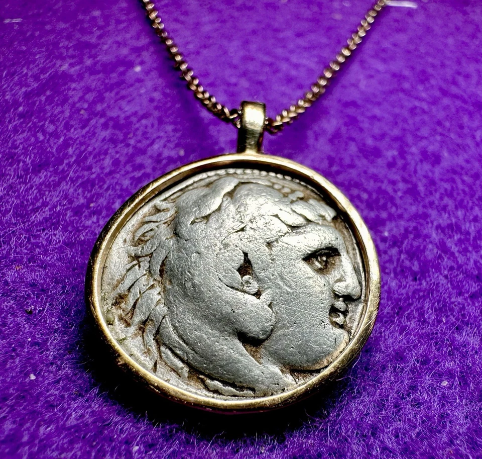 Dracma de plata genuino de Alejandro Magno en colgante de oro amarillo sólido de 14 k Foto 2 de 4