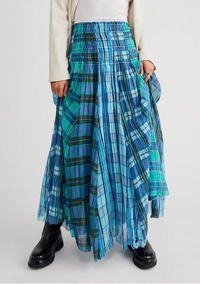 FREE PEOPLE FP ONE Lausanne Blue Green Plaid Check Convertible Dress Maxi Skirt