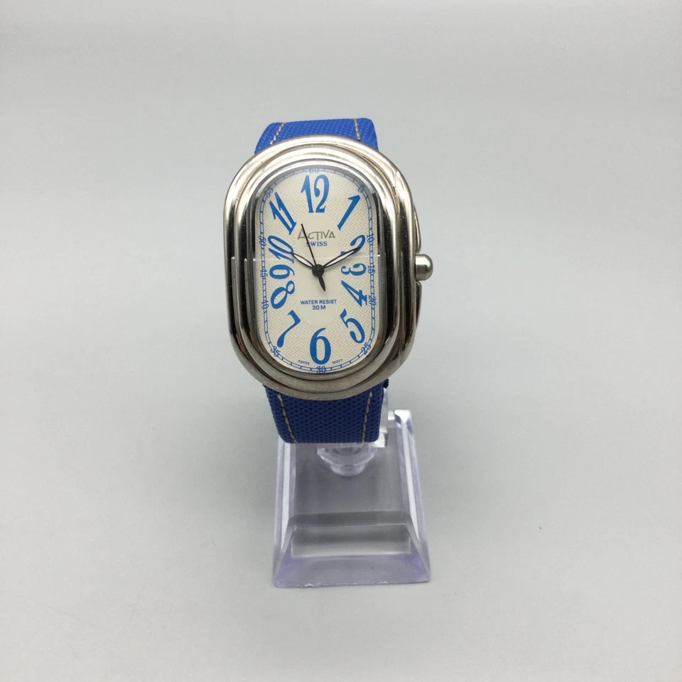 Activa Swiss Watch Women 37mm Silver Tone Blue Leather Band New Battery - Image 2 of 4