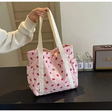 Women  s Corduroy Strawberry Print Tote Bag Large Capacity Shoulder Handbag Pink