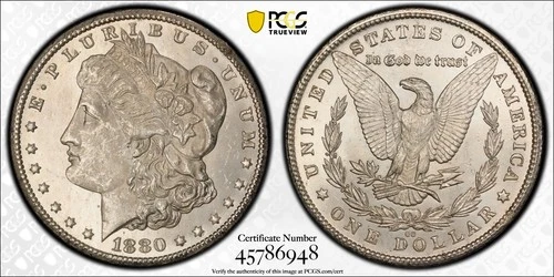 1880 CC Morgan Silver Dollar PCGS MS-63 8/Low 7 Blast White Coin Gold Shield