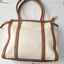 London Fog Ivory Brown Satchel Top Handle Bag Gold Hardware Charm Structured