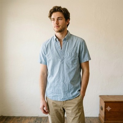 J.Crew Mens Denim Shirt Small Blue Short Sleeve Henley Popover Chambray Preppy