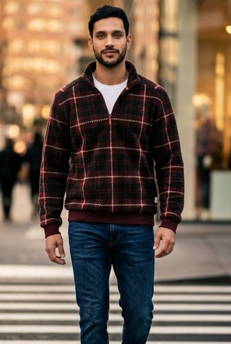 Frye, Frye & Co Mens Plaid Fleece Quarter Zip Pullover Burgundy Black Small Mock Neck