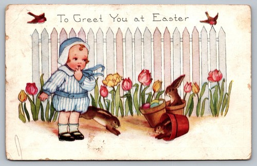 Postcard Whitney Made To Greet You At Easter Baby Boy Playful Bunnies Rabbits