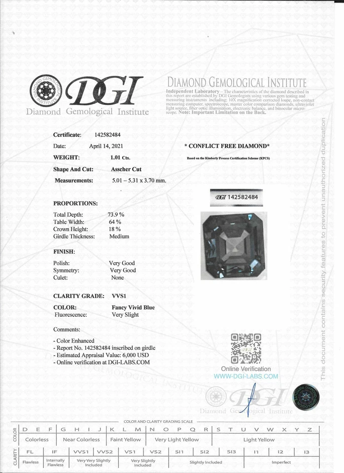 Asscher Shape Diamond Fancy Blue Color Loose 1.01 Carat VVS1 Enhanced Polished - Image 3 of 4