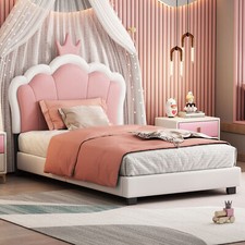 Twin Size PU Upholstered Princess Bed With Pink Crown Headboard Wood Slat White