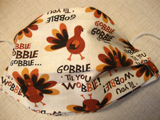 FACE MASK - ADULT - "THANKSGIVING - GOBBLE....." - NEW - REVERSIBLE - HOMEMADE