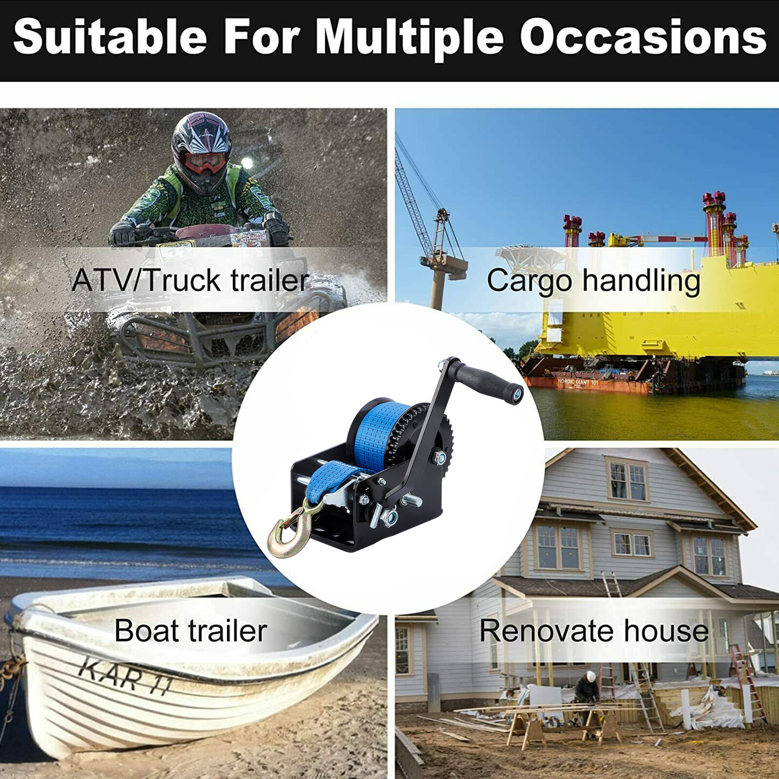 Heavy Duty 32ft 3200LBS Hand Winch Hand Crank 2 Gear Polyester Strap Trailer USA