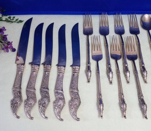 RARE Vintage Siam Thailand BRONZE SEA SERPENT~ NAGA DRAGON HEAD Flatware~ 19 Pc. - Picture 7 of 16