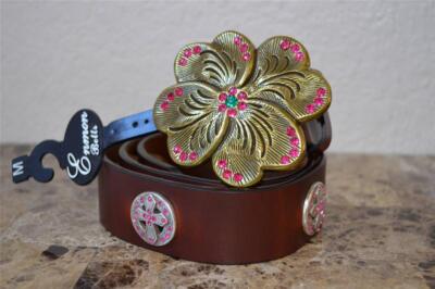 Enmon Engraved Rhinestone Pink Flower Western Belt Cowgirl  display picture 1