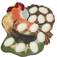 Ceramic Rooster Deviled Eggs Platter Country Sunrise Hand painted Susan Winget