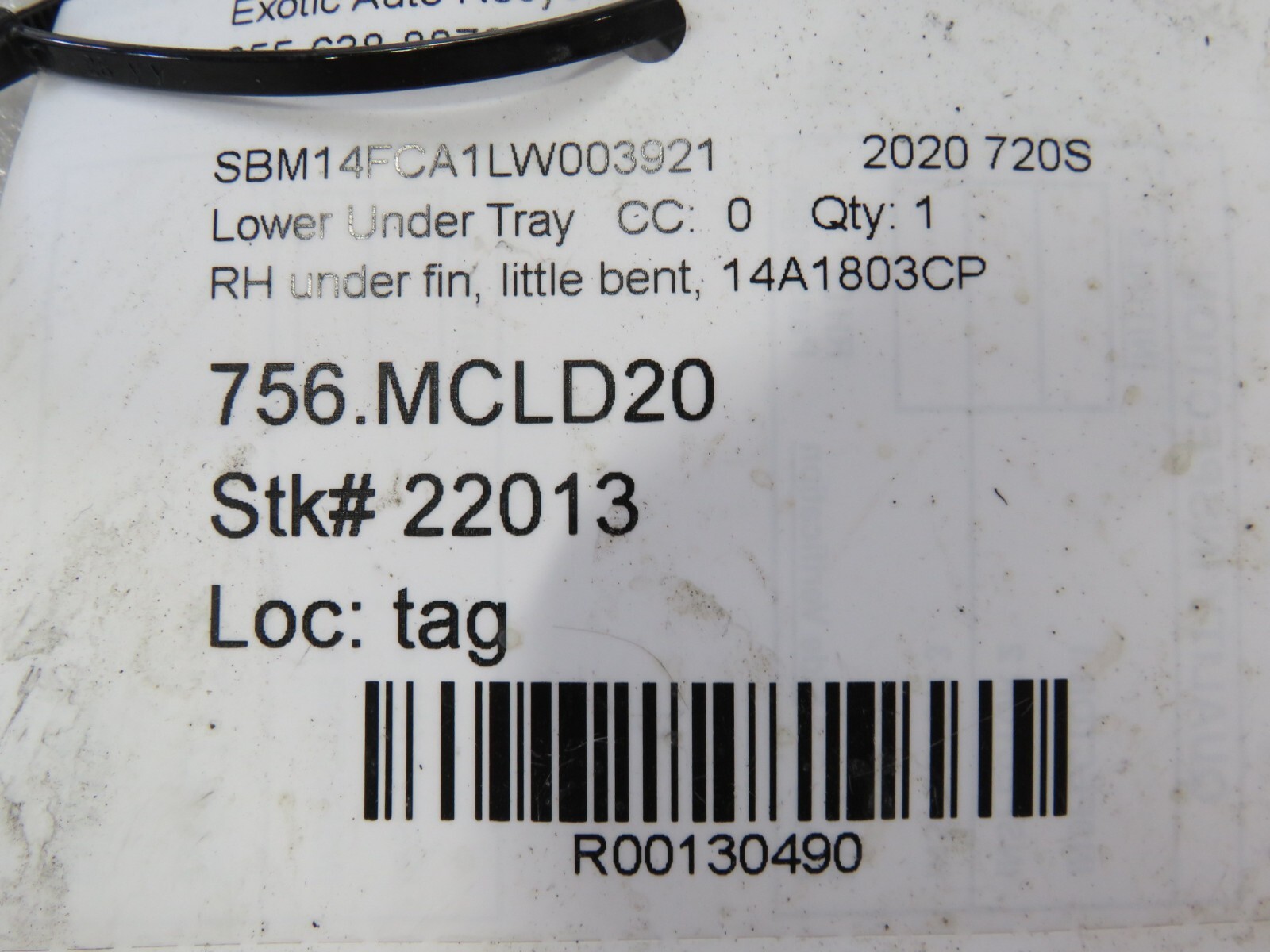 Mclaren 720S, RH, Right, Under Fin, Little Bent, Used, P/N 14A1803CP