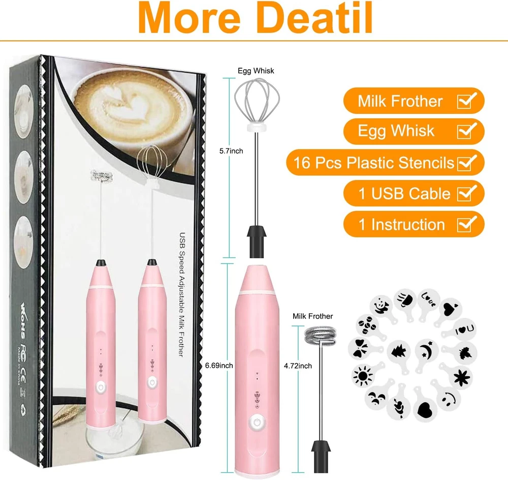 Milk Frother Handheld,  Rechargeable Whisk Drink Mixer for Coffee with Art Stenc