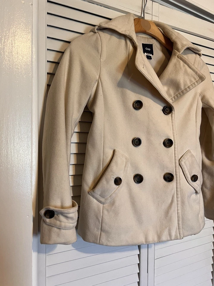 Chaqueta Abrigo GAP Mujer Talla Pequeña S Guisante Mezcla Lana Marfil Botón Frontal Foto 2 de 4