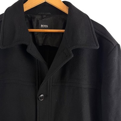 Hugo Boss Chester Coat Mens 44R Black Virgin Wool Cashmere Blend Button Front