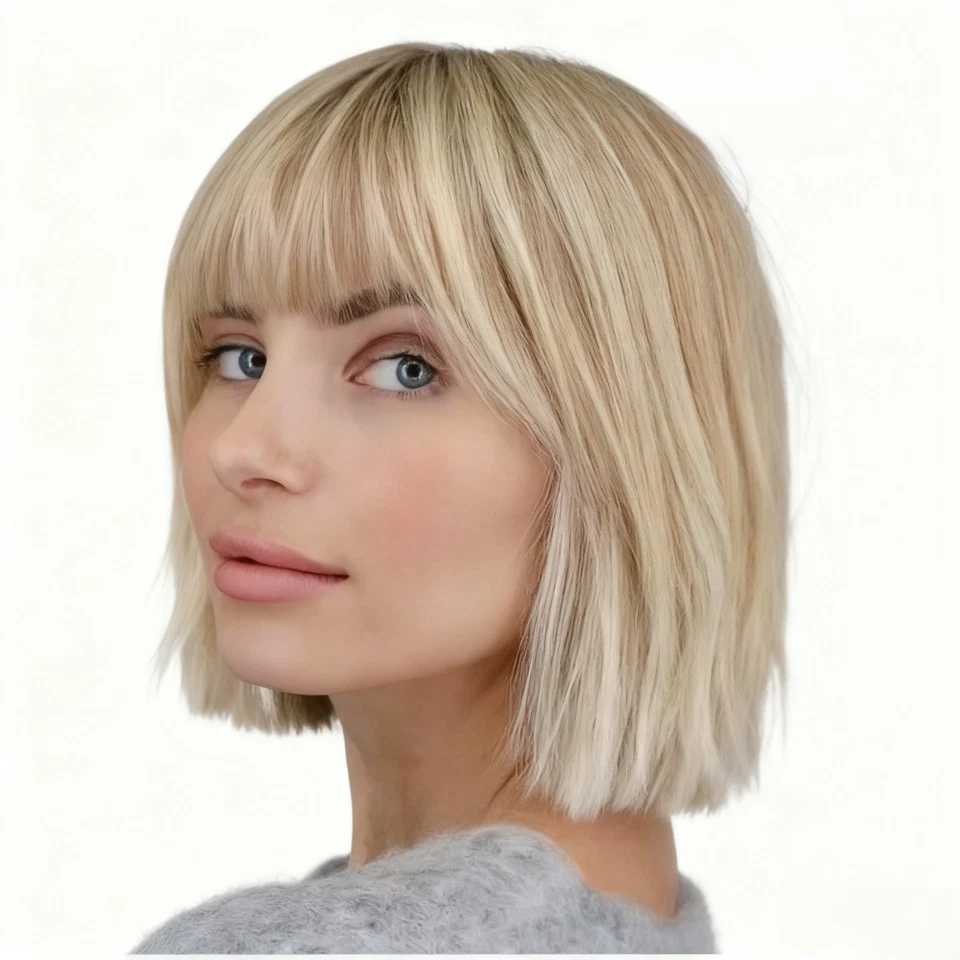 Pelucas rubias naturales cortas rectas rubias ceniza peluca bob con flequillo para mujer diario Foto 2 de 4