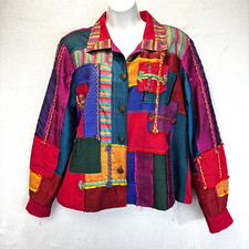 Coldwater Creek Patchwork Silk Blend Jacket Womens Large L Colorful Boho Hippie