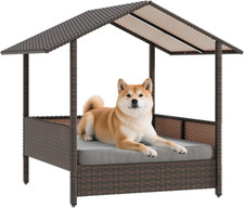 Waleaf Wicker Dog House Outdoor Indoor with Canopy and Removable Cushion, Elevat