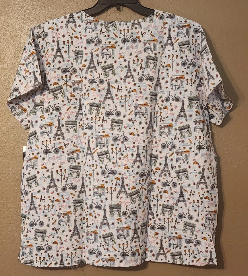 "Je' Taime Paris" Themed Print Cassandra O Scrub Tops Avail. Sizes 1X/2X/3X NWT - Image 2 of 4